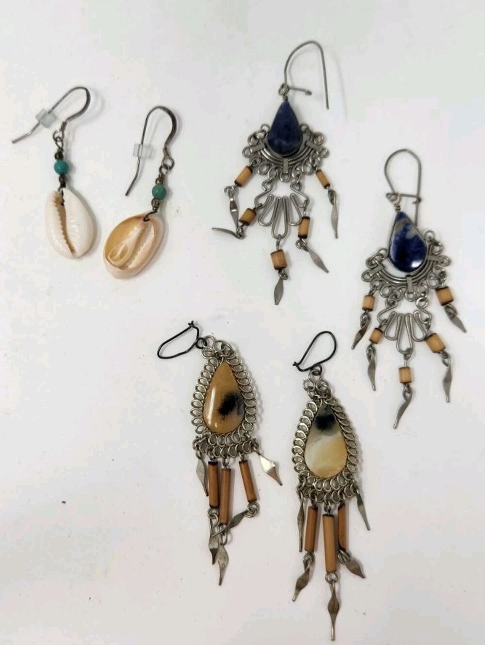 2 Pairs Artisan Tribal Dangle Earrings | 1 Shell Dangle Earing | BOHO Chic